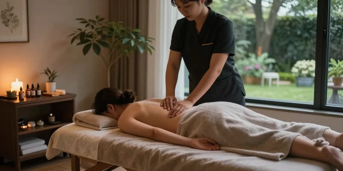 Enjoying 성남출장마사지 in a serene wellness studio with calming atmosphere and nature views.