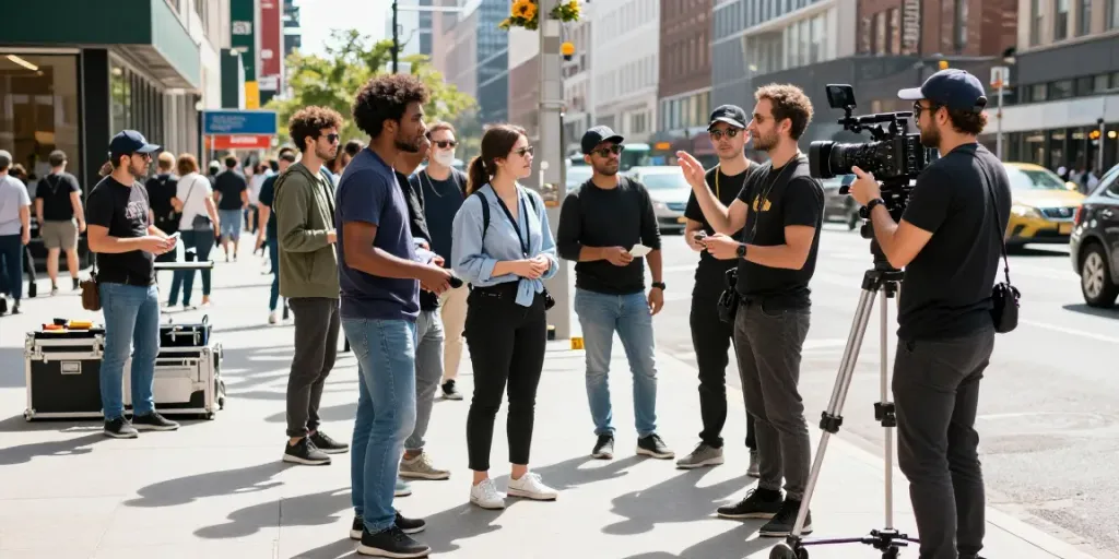 Locaties voor filmen in CDMX met een dynamisch filmproductieteam in een drukke stadssituatie.