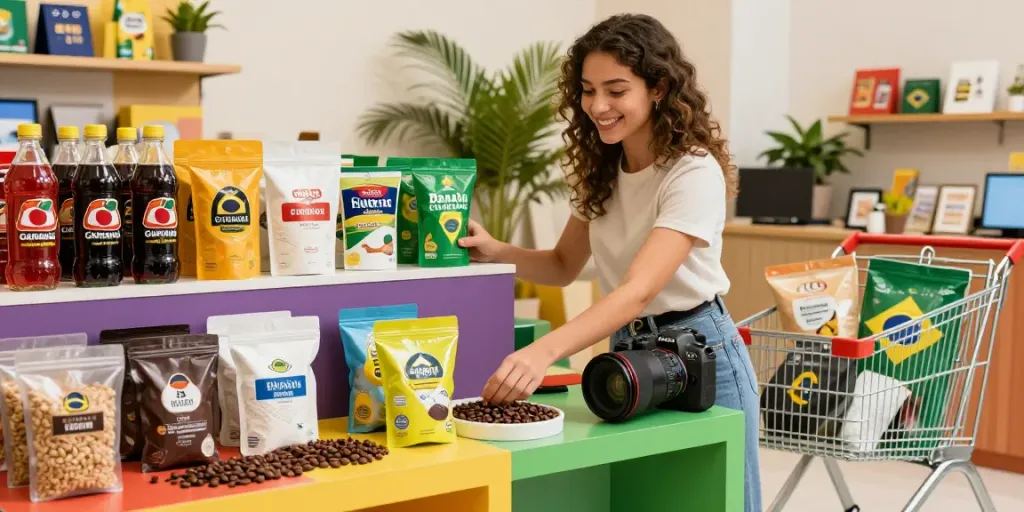 Variedad de productos brasileños en mercado online, incluyendo guaraná y café.