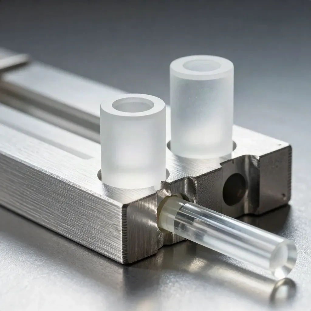 Componentes de precisión de laboratorio sobre metal cepillado, con un cilindro de vidrio y un varilla de cuarzo.