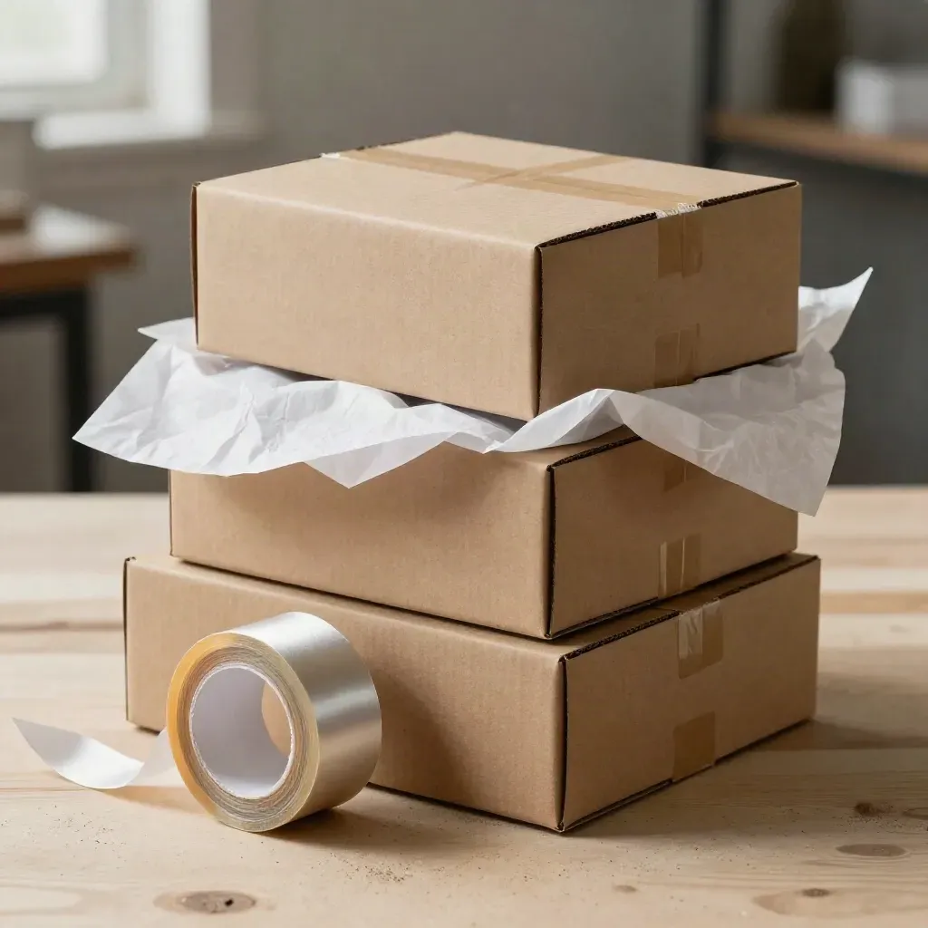 Cajas kraft, cinta y lazo satinados sobre madera clara, luz lateral y polvo de taller.