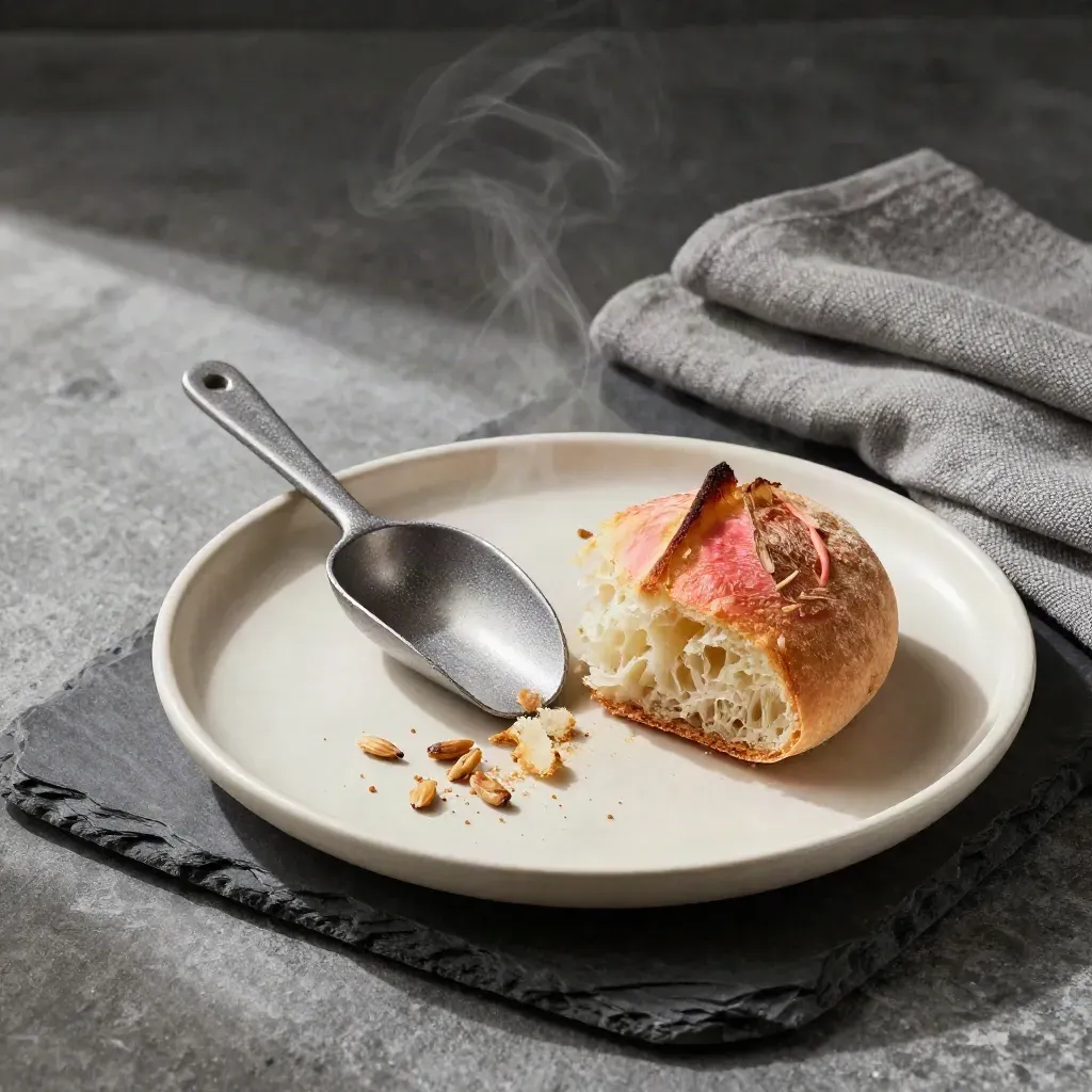 Tablero de cata con plato cerámico, grano, paño de lino y vapor sobre piedra oscura.