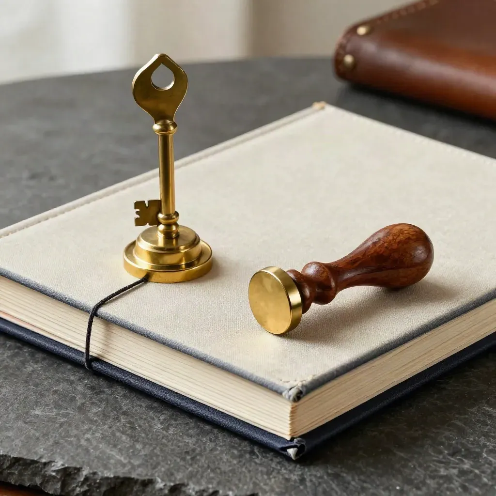Archivo legal de lino, pisapapeles de latón y sello notarial sobre piedra oscura.