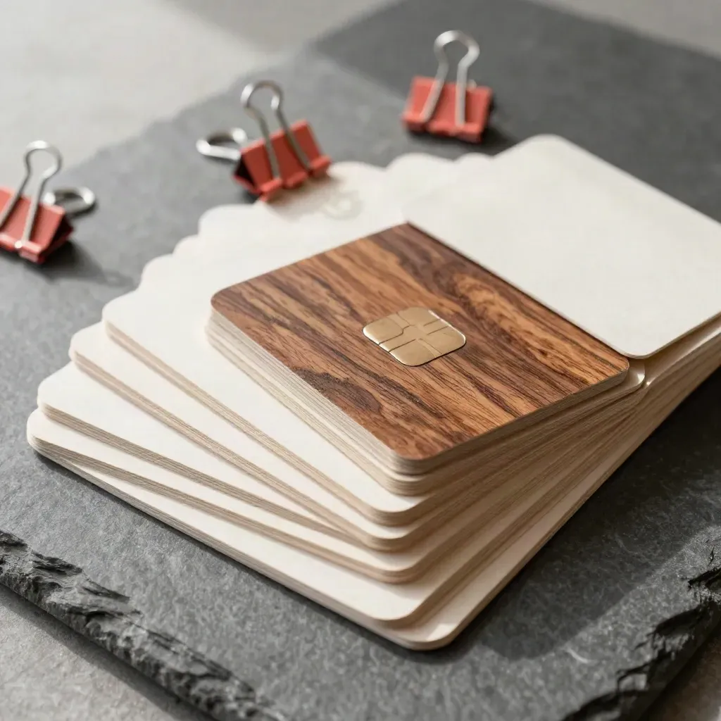 Muestrario de papeles premium con pinzas coral sobre piedra gris.