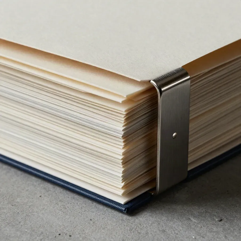 Carpeta de auditoría SEO con pestañas y clip metálico sobre hormigón.