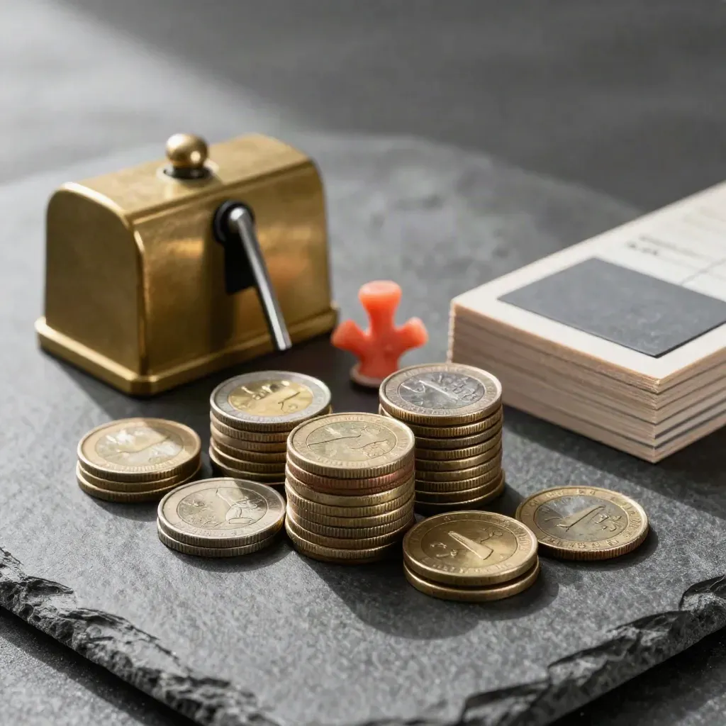 Contador de clics de latón, monedas apiladas y marcador coral sobre superficie gris mate.