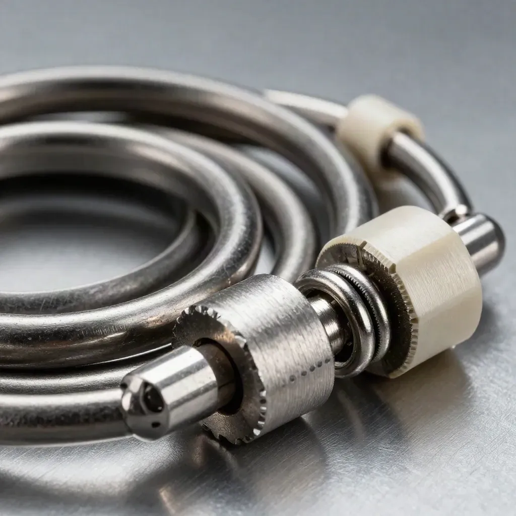 Anillos metálicos y un conector técnico sobre grafito, con luz dramática y textura premium.