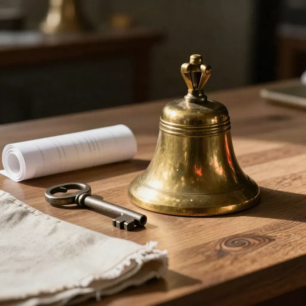 Bell de mostrador, llave y rollo sobre madera cálida con luz dramática.