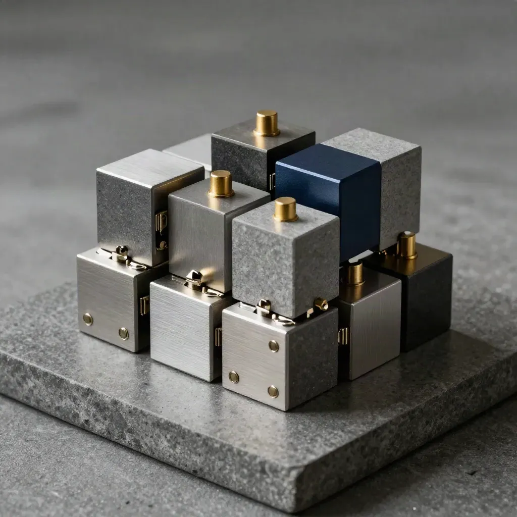 Cubos modulares, placas y pasadores sobre concreto oscuro con luz dramática.
