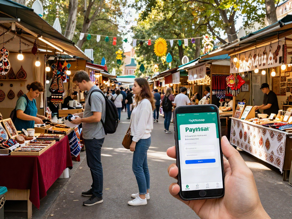 Experiencia de pago fácil en un mercado ruso con https://payinrussia.com/ y turistas interactuando.